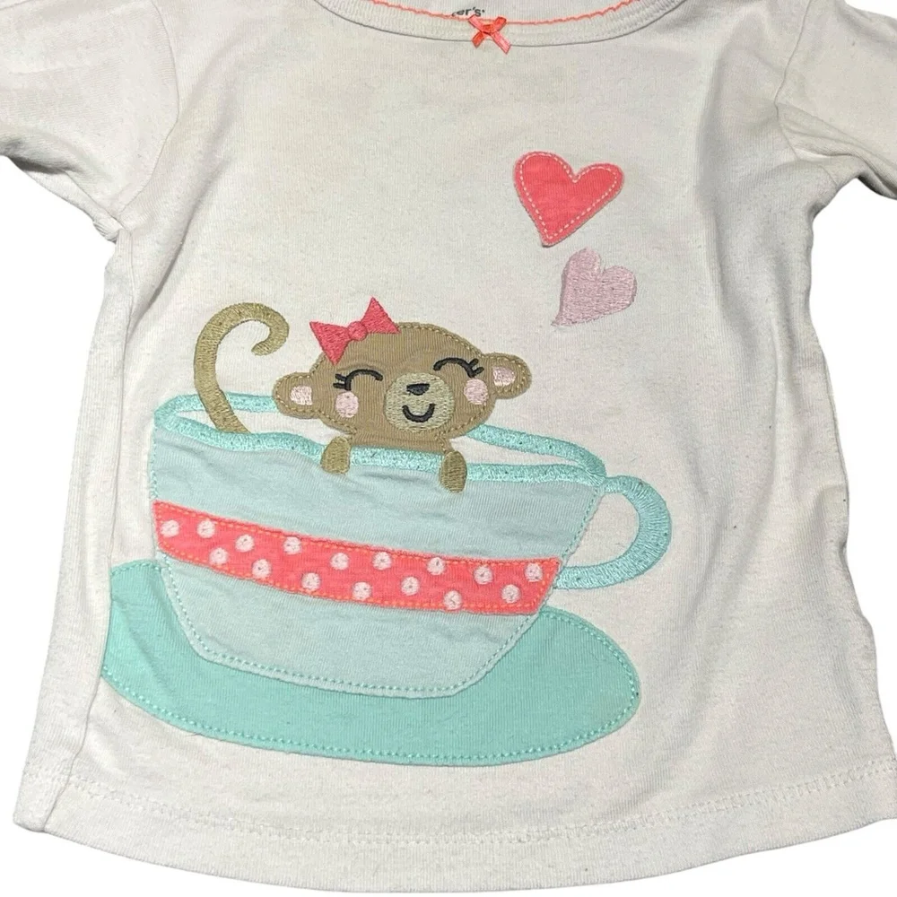 Carter's Baby Girl 2 Piece Pajamas‎ Teacup Monkey & Fleece Polka Dot Pants Sz 2T